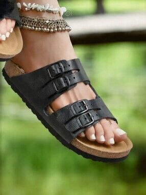 Boho Aerothodic Slide Buckle Sandals Black Arch Support NIB NEW 9